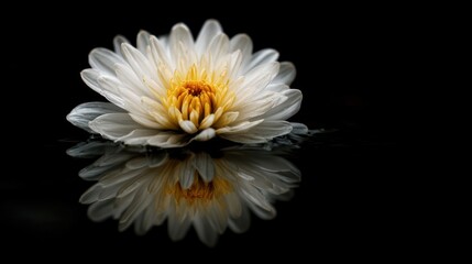 White flower, water reflection, dark background