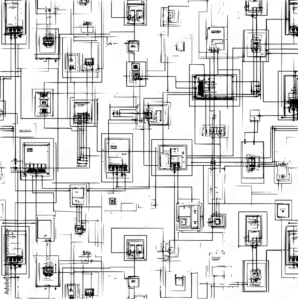 Poster abstract representation of interconnected network nodes and circuit diagrams in black and white styl