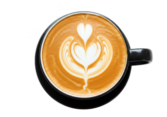 A topdown view of a steaming latte with delicate heartshaped foam art in a black cup isolated on transparent background