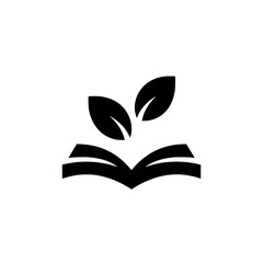 Icon of an open book with leaves growing from it symbolizing eco education, green learning, or environmental literacy