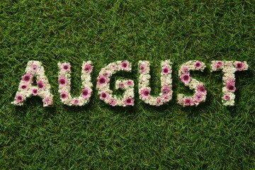 AUGUST spelled with flowers resting on grass