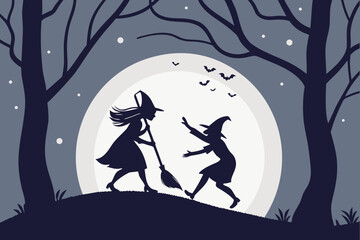 Fototapeta premium Silhouettes of Witches Dancing Under Moonlight vector illustration