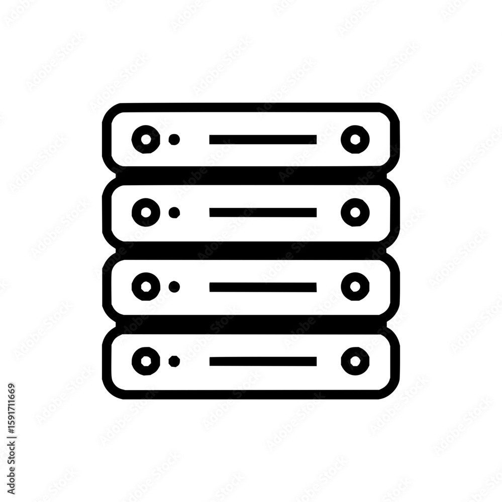 Poster illustration of a server rack with four stacked servers in a simple black and white outline style of