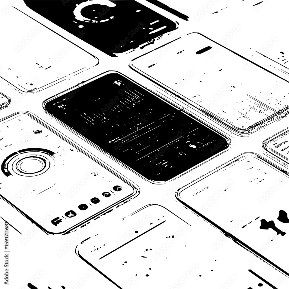 Aufkleber a monochrome illustration of multiple smartphones displaying various user interfaces and designs off