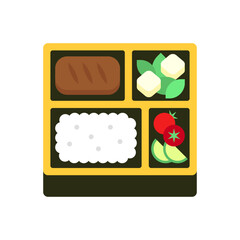 Bento Box with Steak, Tofu, Cucumber, Rice, and Tomato on White Background