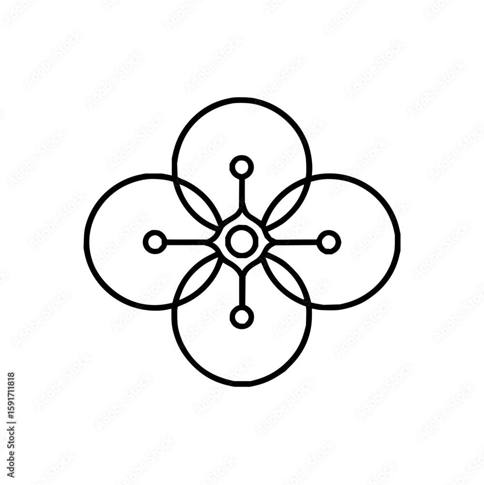 Poster geometric design featuring four overlapping circles and a central symmetrical element with connectin