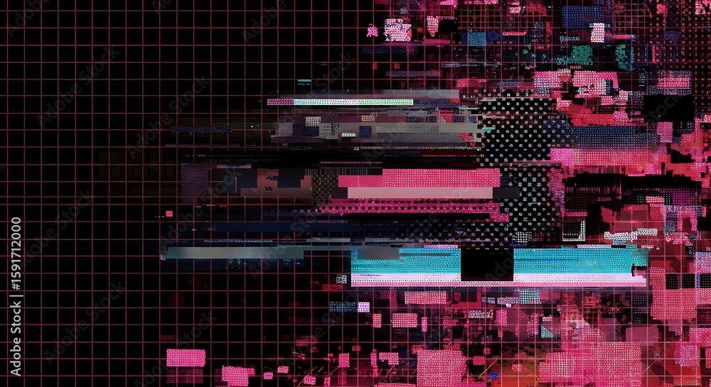 Poster retro glitch background with geometric grid and distortion effects evokes a digital futuristic vibe 