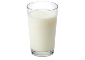 A tall glass of fresh white milk stands on a plain transparent background