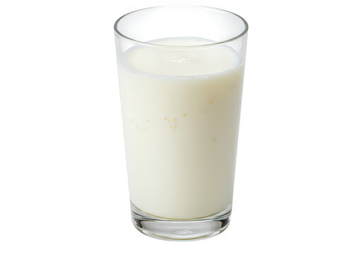 A tall glass of fresh white milk stands on a plain transparent background