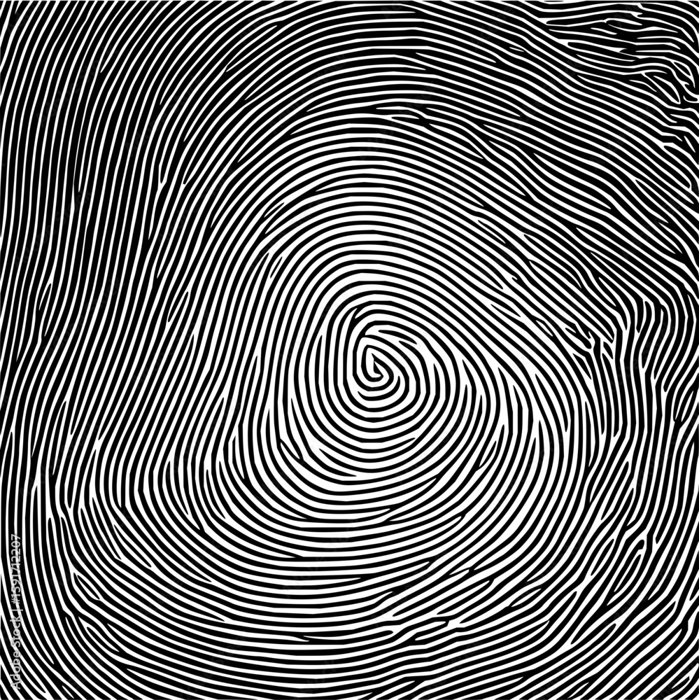 Poster abstract fingerprint pattern with swirling lines in black and white creating a unique design element