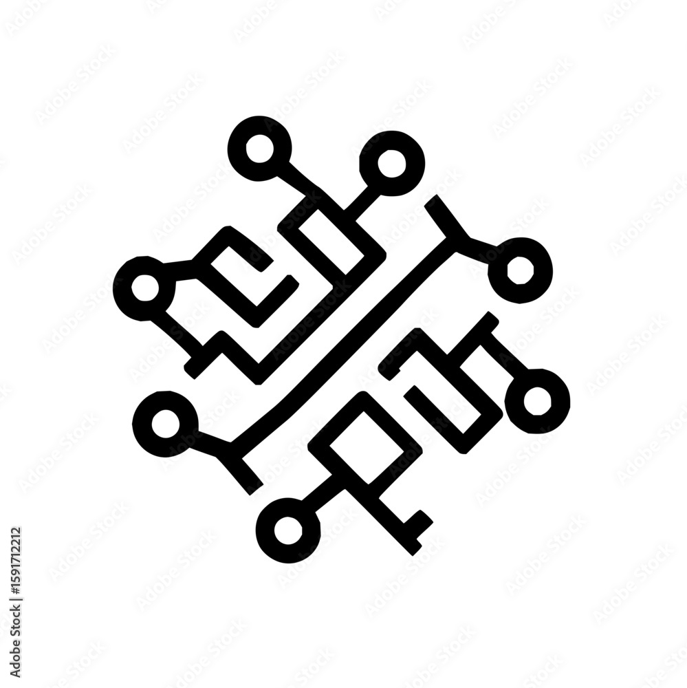 Poster illustration of a symmetrical circuit board design with rounded connectors and geometric pathways in
