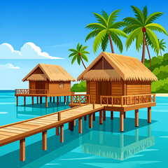 Fototapeta premium Tropical Paradise Wooden Huts Over Calm Waters and Palm Trees, Ideal Getaway Destination