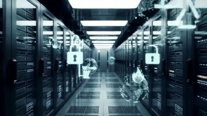 Server room with digital security icons in a futuristic style - Powered by Adobe