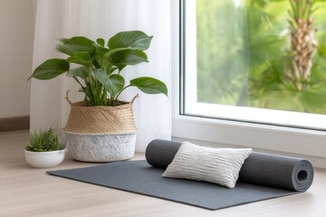 Gray yoga mat, plant, and pillow by a window