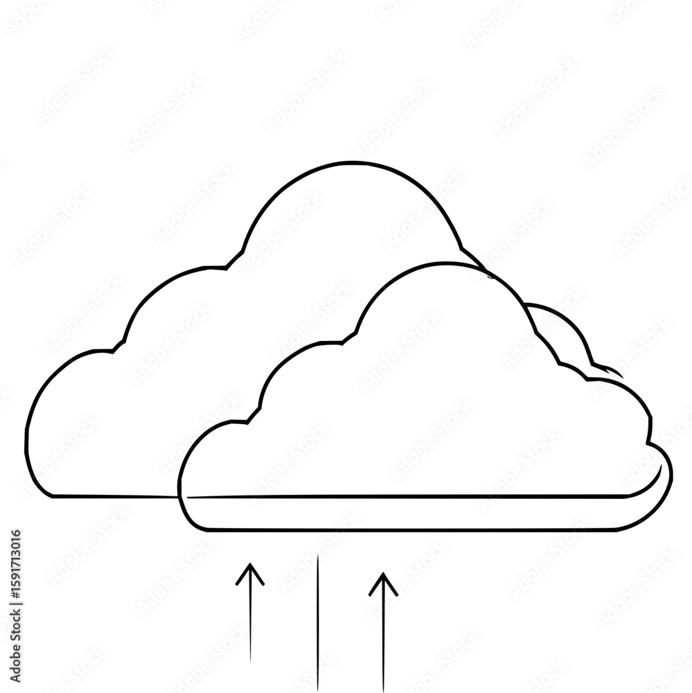 Poster two outlined clouds above a horizontal line with three arrows pointing upwards in a simple illustrat