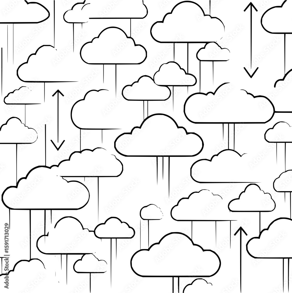 Poster seamless pattern of stylized clouds connected by lines with arrows pointing up and down on white bac
