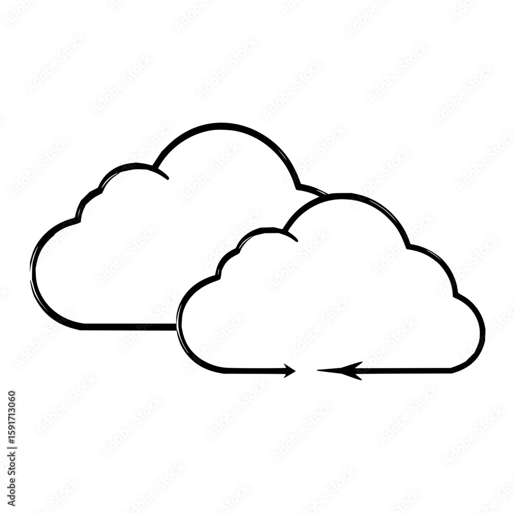 Poster two outlined clouds overlapping each other with a looping arrow connecting them at the bottom edge
