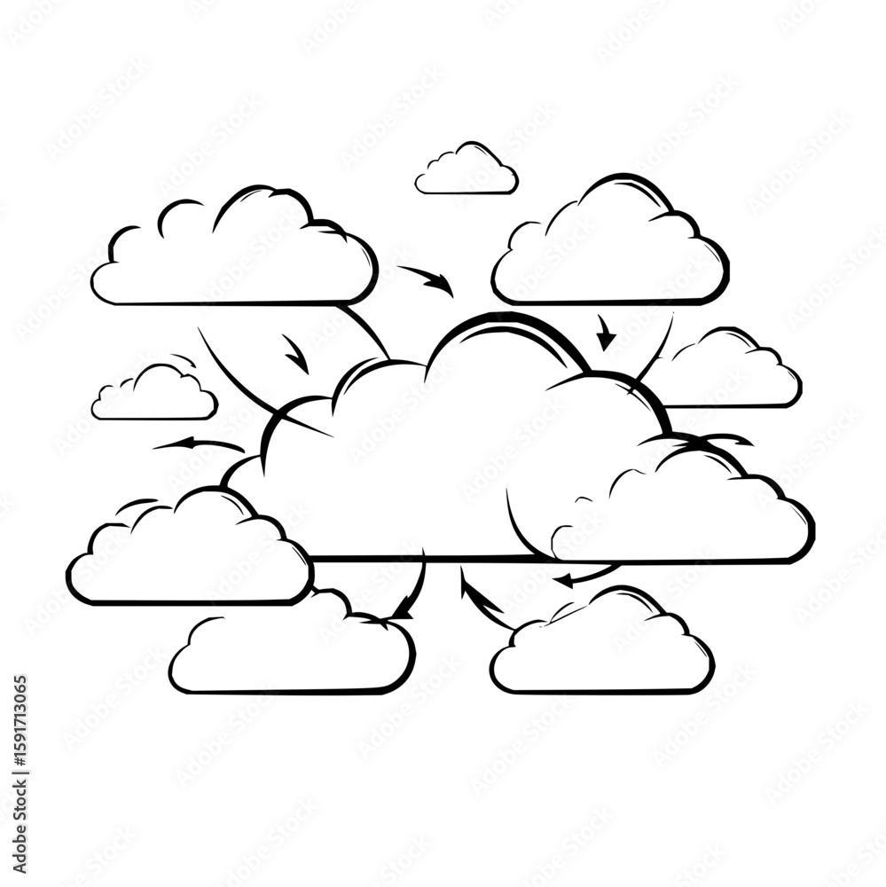Poster illustration of cloud computing network with multiple cloud shapes and arrows on a white background