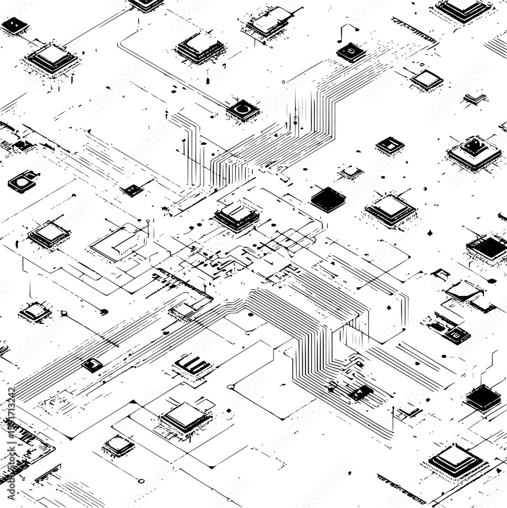 Poster isometric view of a complex circuit board layout with integrated chips and connecting traces design