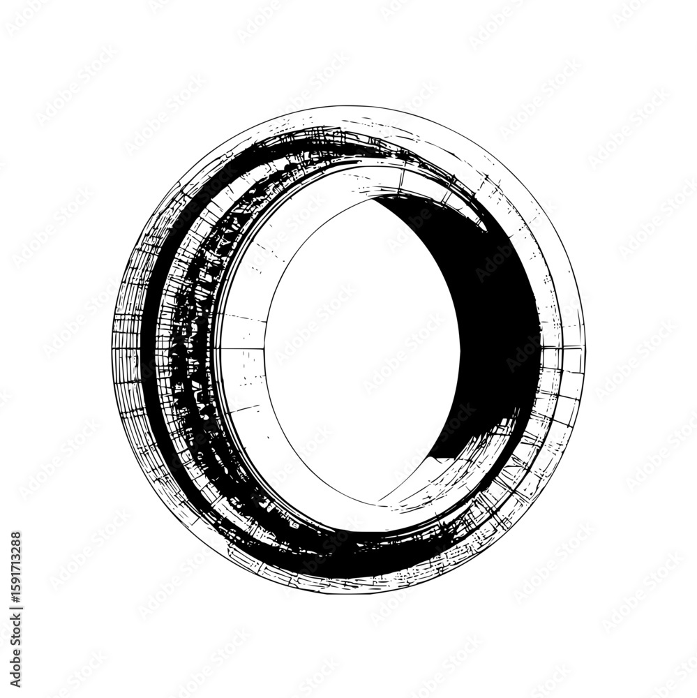 Poster an abstract circular design with rough brush strokes creating a textured and dynamic visual element 