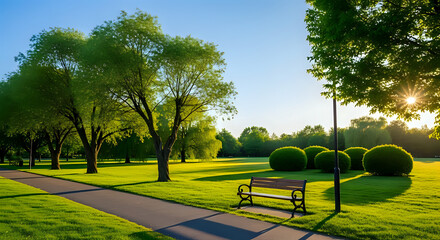 A tranquil park bench sits invitingly under the warm morning sun, surrounded by lush green trees and perfectly manicured lawns.