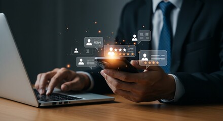 Businessman analyzing customer feedback and ratings on smartphone and laptop