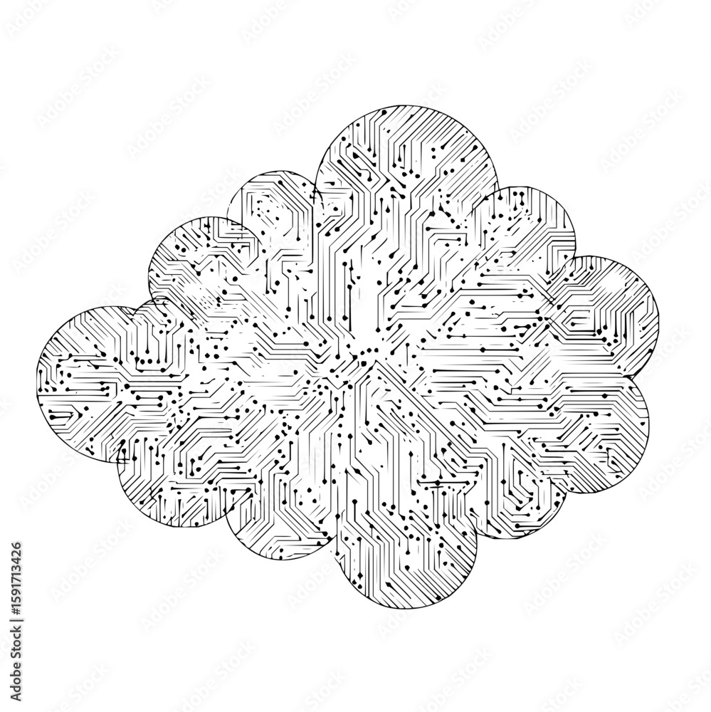 Poster cloud shaped circuit board design with interconnected lines and dots on a white background showing t