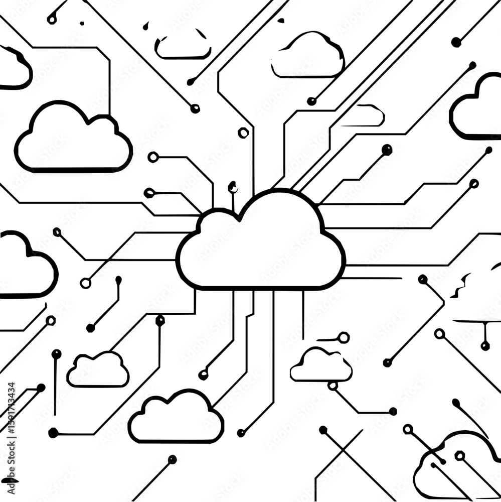 Poster illustration of a network of clouds connected by lines and nodes on a white background design style