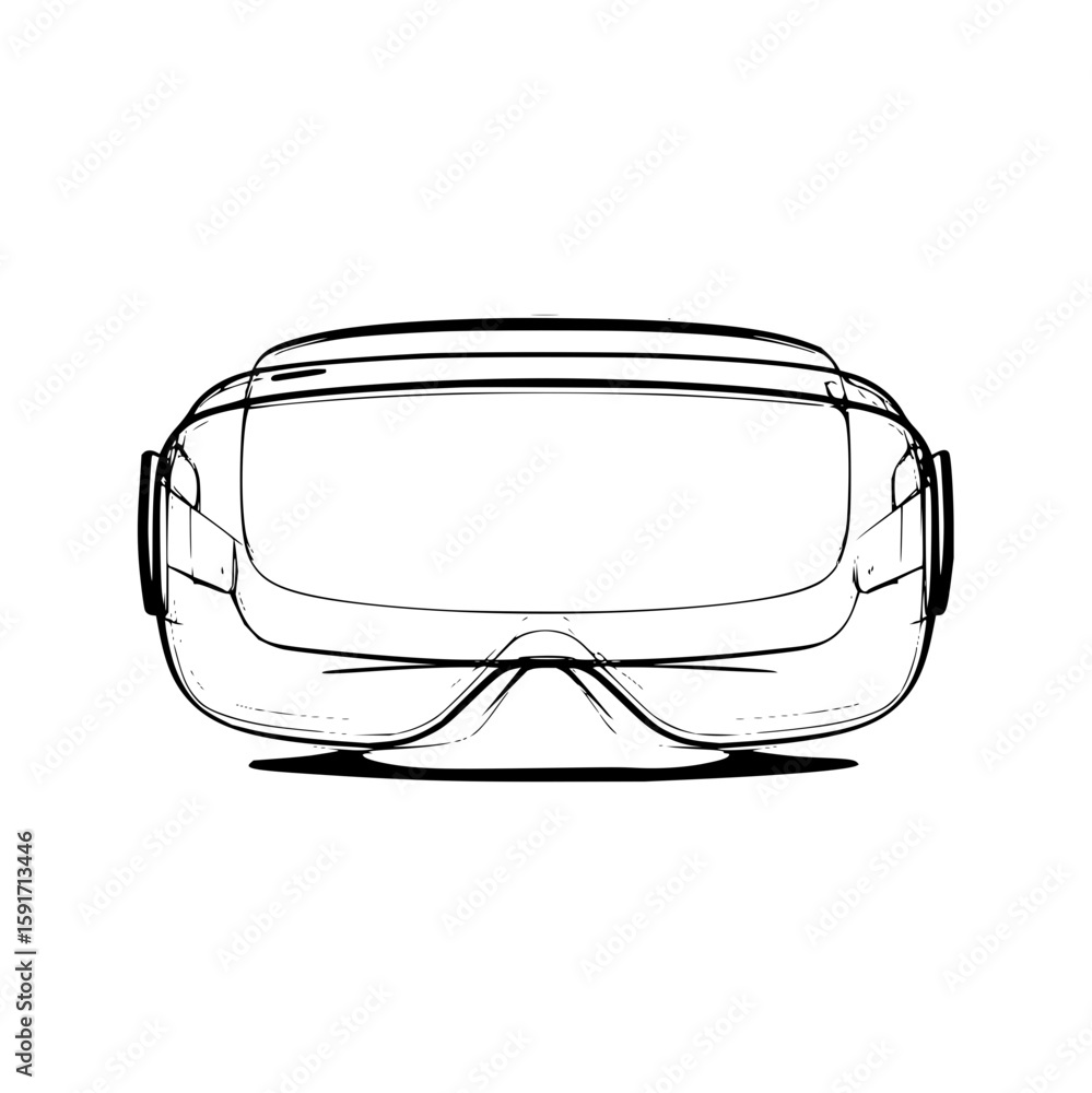 Poster outline drawing of vr headset with visible lenses and head strap on a white background in simple sty
