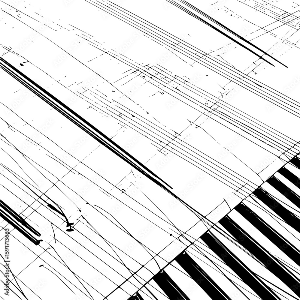 Poster abstract monochrome image featuring parallel lines and geometric shapes with a piano keyboard elemen