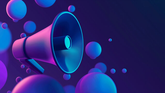 Floating megaphone surrounded by abstract 3D spheres. Communication and marketing concept.