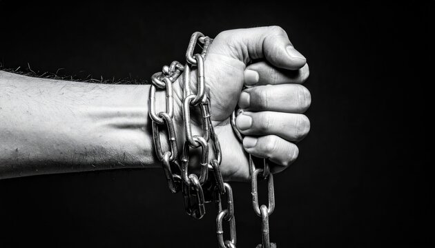 Hand shackled with chains