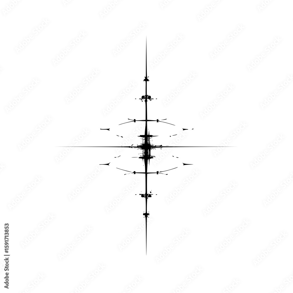 Poster abstract black and white symmetrical design with a central axis and radial elements extending out