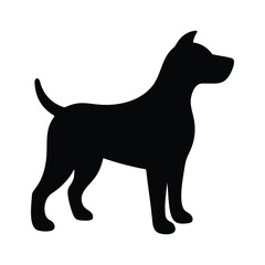 Black silhouette of a medium sized dog standing alert isolated on white background