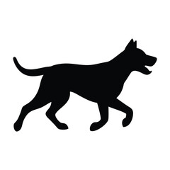 Black silhouette of a dog with its mouth open running isolated on white background