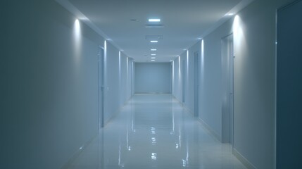 Obraz premium Long, narrow minimalist corridor with light neutral walls, polished reflective floor, recessed ceiling lights, and evenly spaced closed doors.