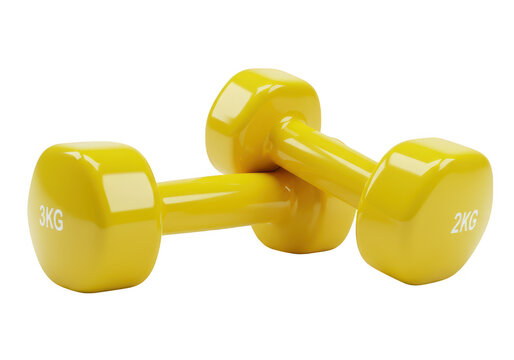 A pair of bright yellow, shiny dumbbells, one labeled 3kg and the other 2kg, isolated on a transparent background