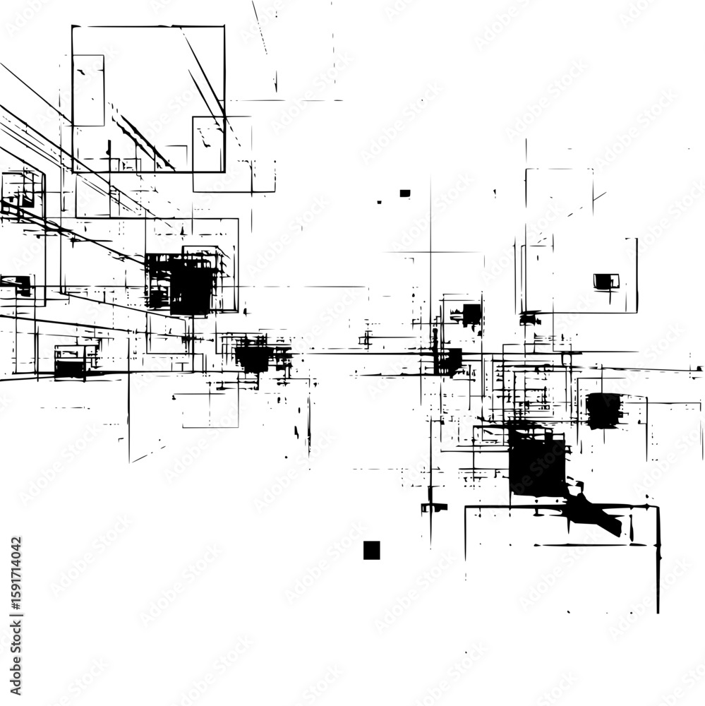 Poster abstract composition featuring intersecting lines and geometric shapes in a monochrome palette style