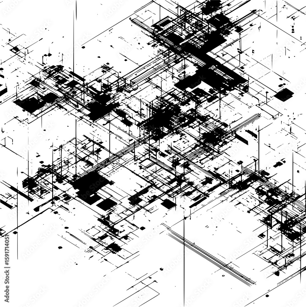 Poster abstract black and white geometric pattern featuring intersecting lines and scattered dark shapes cr