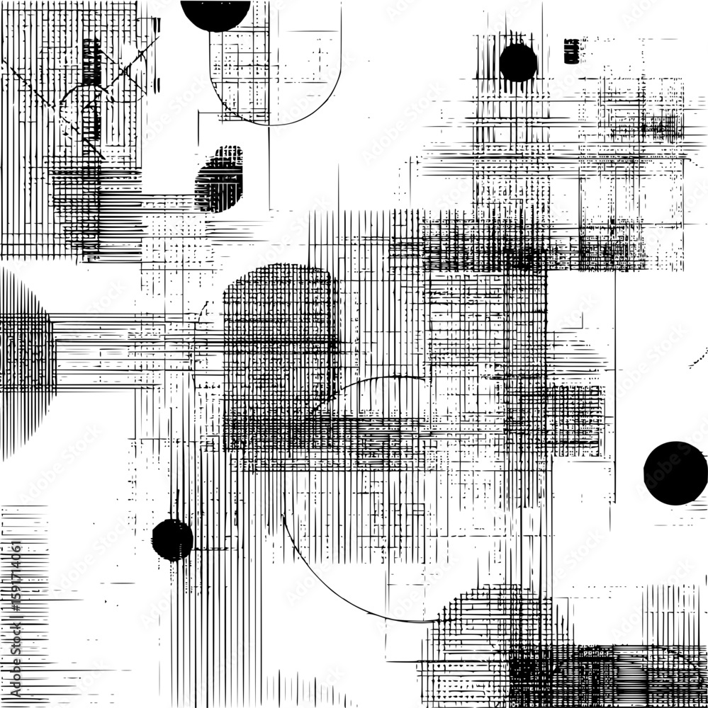 Poster abstract composition featuring geometric shapes and textured line work in a monochrome palette style