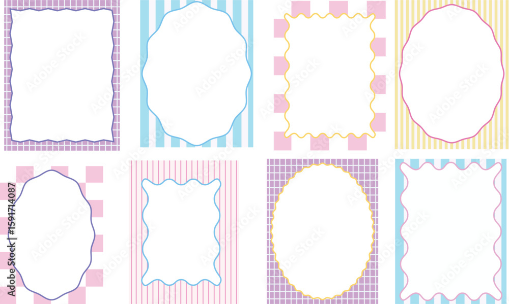 Poster wavy edge frame design. doodle of wavy borders. retro abstract curvy shaped frames with geometric pa