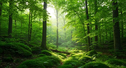 Fototapeta premium Misty morning sunlight in a peaceful forest trail