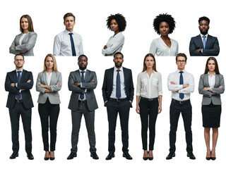 Obraz premium Diverse group of professional men and women standing confidently together isolated on transparent background
