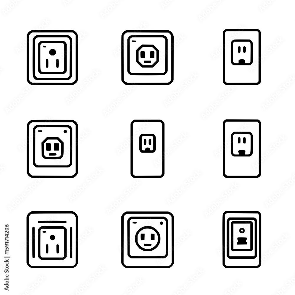 Poster illustration of nine different electrical outlets in a grid pattern with varying styles and orientat