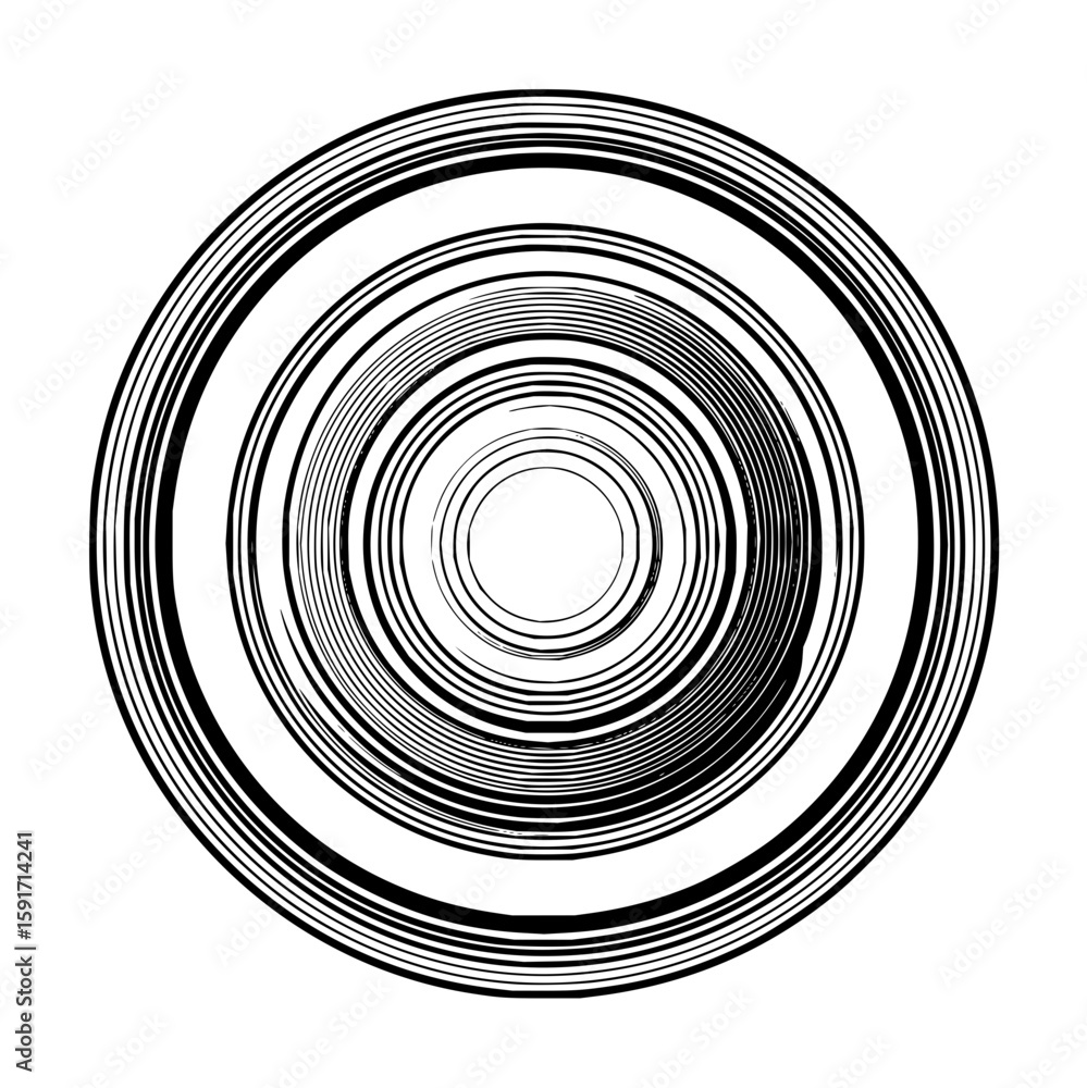 Poster circular design with concentric black lines creating a spiral effect on a white background with empt