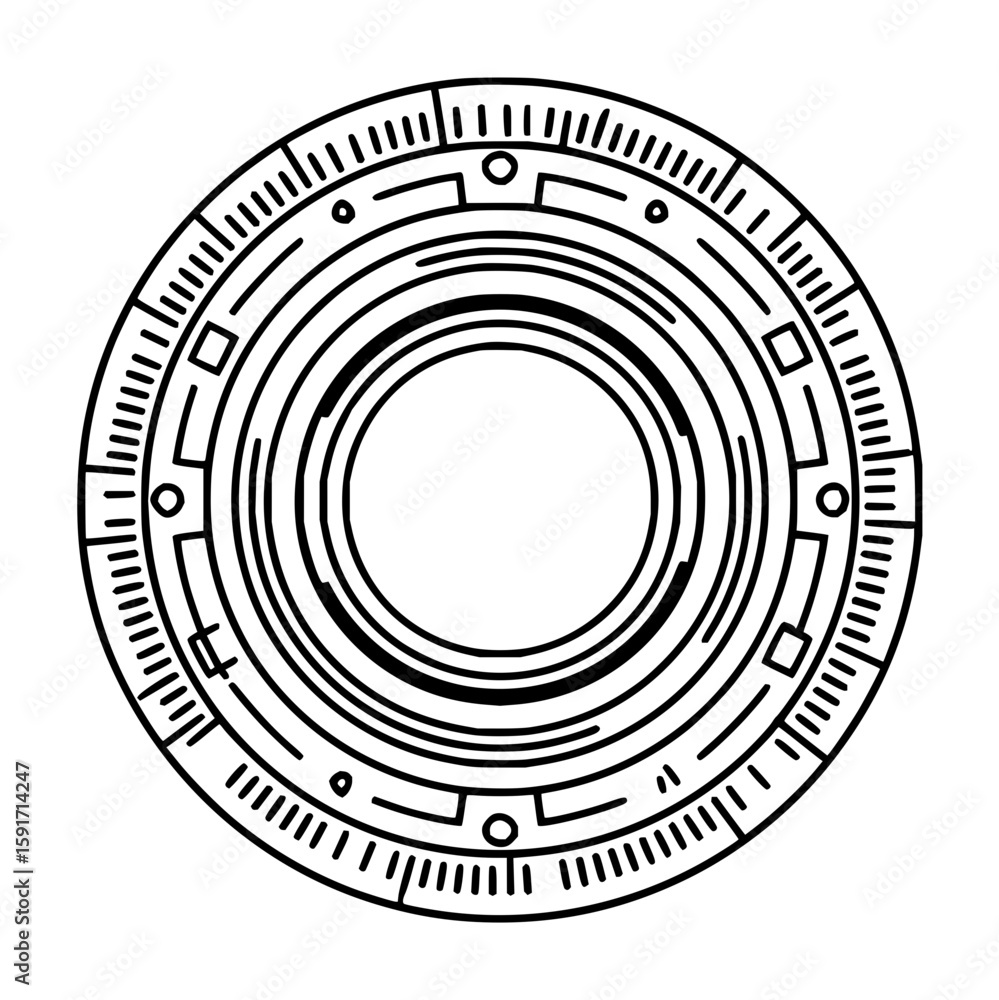 Poster circular design with concentric rings and radial markings creating a complex technical pattern image
