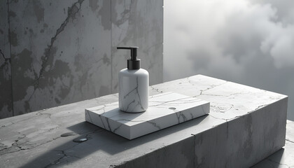 minimal soap dispenser set with matte black pump, crafted from pure white marble, resting on a textured concrete slab surface. Soft shadows and reflective puddles around the base