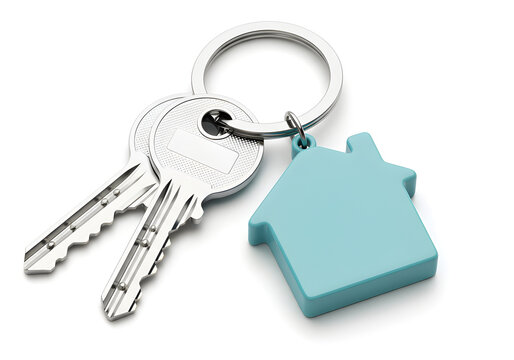 A silver keychain with two metal keys and a teal house-shaped key fob, symbolizing home ownership or real estate.