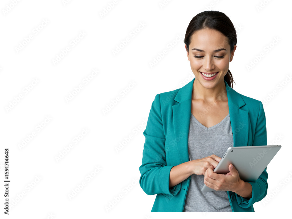 Poster smiling businesswoman in a teal jacket holding and using a tablet computer isolated on transparent b