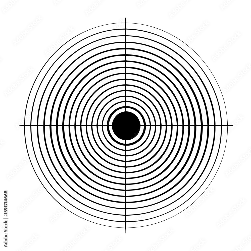Poster concentric circles radiating from a central black dot with intersecting lines forming a target desig